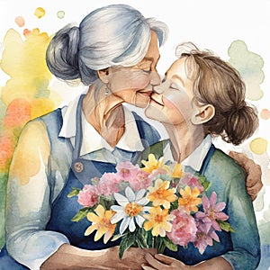 Grandmother recivig an bouquet flower from her granddaughter