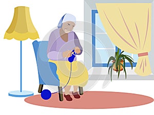 Grandmother sits near the window and knits clothes. Expecting grandchildren, loneliness. In minimalist style. Cartoon