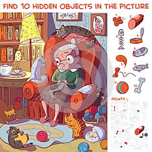 Grandmother sitting on the armchair and knits socks surrounded by her cats. Find hidden objects