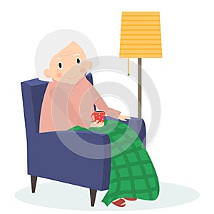 Grandmother sitting in armchair. Old woman leisure time. Grandma drink tea. Cute senior woman at home. Vector illustration