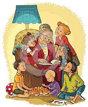 Grandmother sitting in chair reads a book to her grandchildren photo