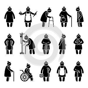 Grandmother stick figure woman walking, standing with walker, cane, crutch, drop counter, cat, sitting on wheelchair vector icon