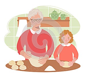 Grandmother teaches her granddaughter to roll out the dough for buns. Illustration of an elderly woman and a little girl cooking