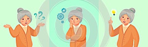 Grandmother thinking. Confused older female, thoughtful senior woman solved question or remembered answer vector cartoon