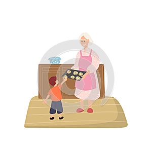 Grandmother treats grandson with cookies. Happy family scene. Smiling cartoon grandma. Isolated flat image of old woman