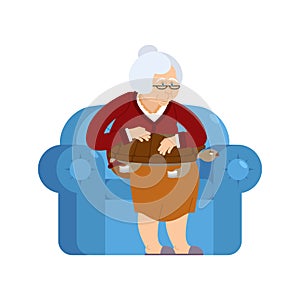 Grandmother and Turtle pet sitting on chair. grandma and tortoise. old woman and animal amphibian. gammer and Beast