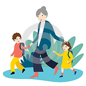 Grandmother with two children going to school, nursery. Back to school time. Vector Illustration