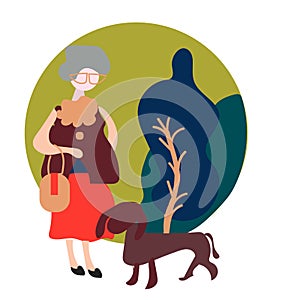 Grandmother is walking in the park with her dog. Flat modern vector