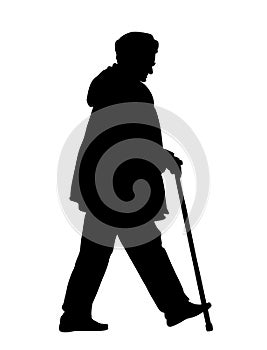 Grandmother walking with stick vector silhouette illustration isolated on white background.