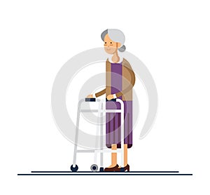 Grandmother walking with a walker. Vector illustration