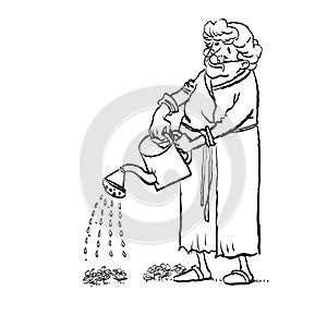 Grandmother watering flowers on a flowerbed in a garden. Active Longevity