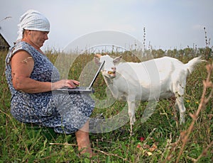 The grandmother writes the electronic letter to th