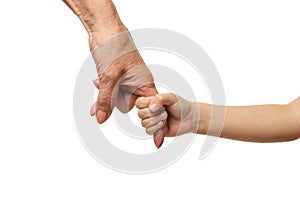 Grandmothers hand with little girl hand isolated on white background photo