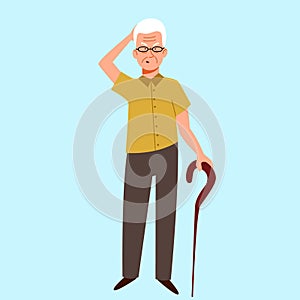 Grandpa with a cane thinks, tries to remember. An elderly character with Alzheimer s disease