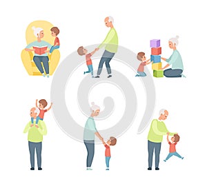 Grandpa and Grandma Playing Toy Blocks with Their Grandson and Reading Book Vector Set