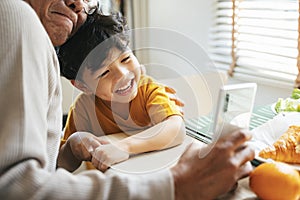 Grandpa and grandson Let`s selfie