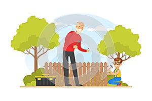 Grandpa and Grandson Repairing Fence in the Backyard, Grandfather Spending Time with Grandchild Cartoon Vector