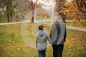 Grandpa and his grandson spend time together in the park. They are sitting on the bench. Walking in the park and