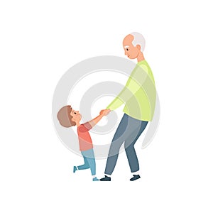 Grandpa and his little grandson holding hands, grandmother spending time playing with grandson vector Illustration on a