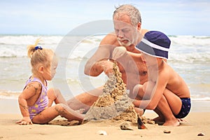 Grandpa Little Blond Girl Boy Build Sand Castle on Beach