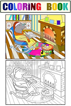 Grandpa Mole in his own house in the library dozens of coloring book for children cartoon vector illustration. Color