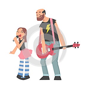 Grandpa Playing Guitar and His Granddaughter Singing, Grandparent Spending Good Time with Grandchild Cartoon Style