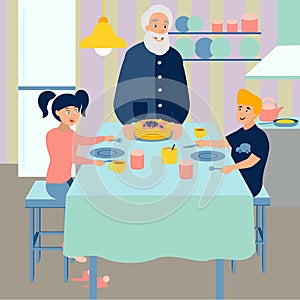 Grandpa prepares breakfast for grandchildren. Kitchen interier. Flat in minimalist style. Cartoon raster