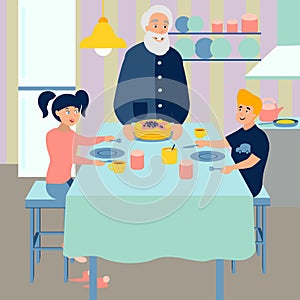 Grandpa prepares breakfast for grandchildren. Kitchen interier. Flat in minimalist style. Cartoon vector