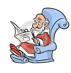 Grandpa Santa Claus reading newspaper cartoon illustration