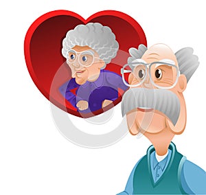 Grandpa still love grandma, he stand beside red heart with grandma inside. Golden jubilee or golden wedding anniversary