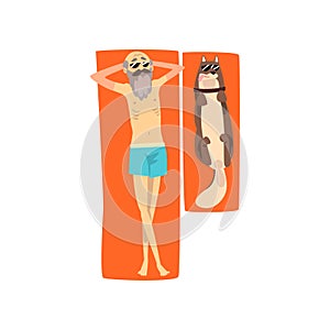 Grandpa sunbathing on the beach with his dog, lonely senior man and his animal pet on vacation vector Illustration on a