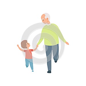 Grandpa walking with his little grandson, grandfather spending time playing with grandson vector Illustration on a white