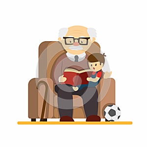 Grandparent day, granpa sit in sofa and reading story book to grandchildren. in cartoon flat illustration vector isolated in white