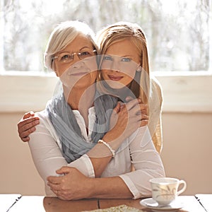 Grandparent, grandchild and happiness for bonding in portrait at nursing home for visit and conversation with love