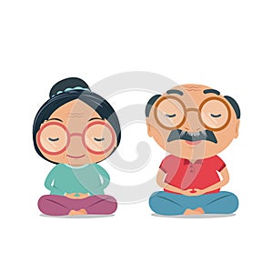 Grandparent, Old senior man and woman being physically and healthy. Cute yoga and meditation illustration in flat style isolated