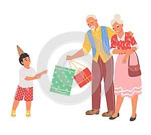 Grandparent presenting gifts to little grandson vector illustration