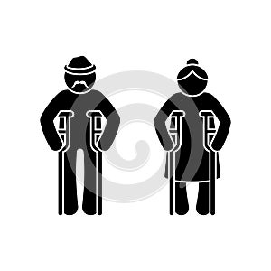 Grandparent stick figure old grandad and grand mom vector set. Grandfather and grandmother standing with crutch front view icon