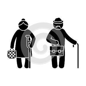 Grandparent stick figure old grandpa and grandma vector set. Grandfather with walking stick and grandmother with crutch, bag icon