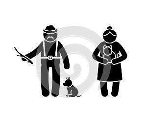Grandparent stick figure old man and woman vector icon set. Grandad playing with wooden stick and dog, grandma with cat on hands