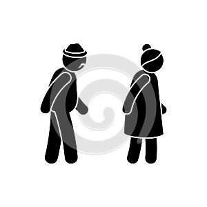 Grandparent stick figure old man, woman vector illustration set. Grandad and grandmother walking together isolated couple icon