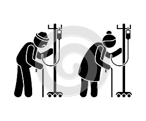 Grandparent stick figure old man, woman vector illustration set. Grandfather and grandmother couple walking with drop counter icon