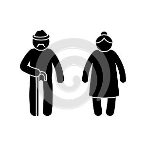 Grandparent stick figure old man and woman vector illustration set. Grandpa with walking stick and grandma icon pictogram on white