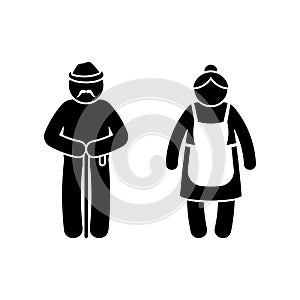 Grandparent stick man old male and lady isolated couple vector illustration set silhouette pictogram