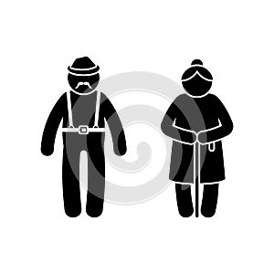 Grandparent stickman old male and female vector set. Grandfather with suspenders and grandmother with walking stick couple icon