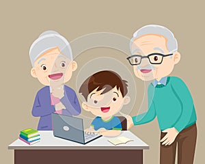 Grandparents be happy for something of children Boy using laptop