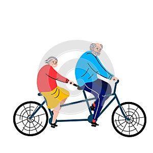 Grandparents on a bicycle. Vector flat portrait of old cute loving couple riding double bike. Cartoon style. Love forever.
