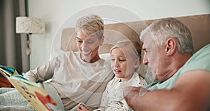 Grandparents, child and reading books in bedroom for learning, language development and quality time. Senior man, woman