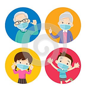Grandparents and children wearing a surgical mask to prevent virus