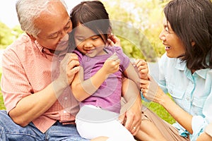 Grandparents Cuddling Granddaughter In Park