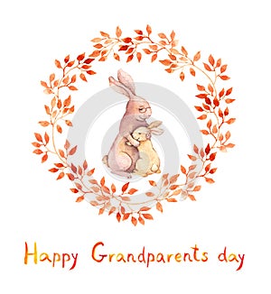 Grandparents day card. Grandma rabbit embrace her grandchild. Watercolor